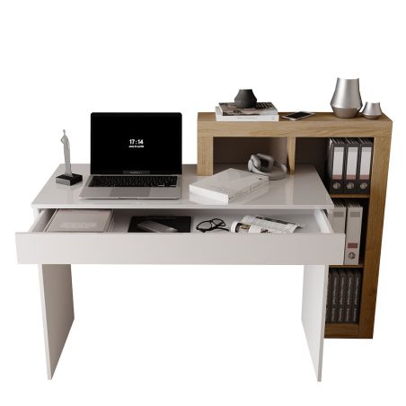 Bureau BURGA en blanc brillant et décor chêne cadiz