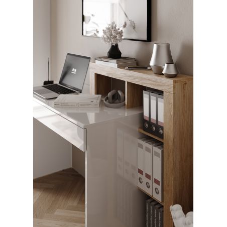 Bureau BURGA en blanc brillant et décor chêne cadiz