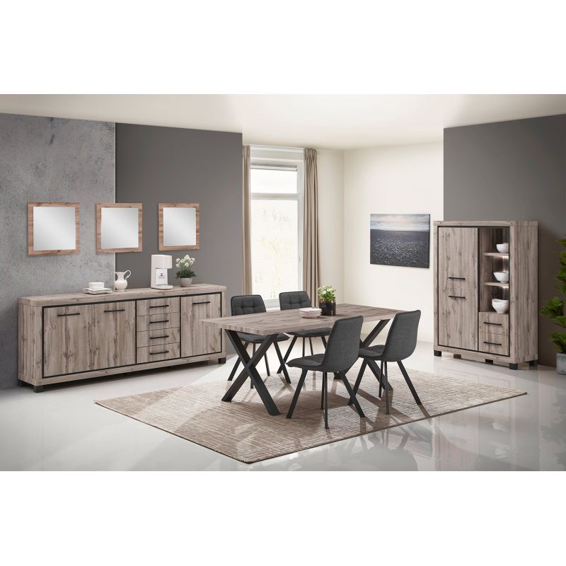 Salle à manger complète CONSTANCE avec table 190 cm et buffet haut avec led