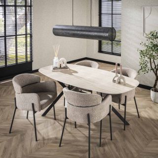 Table ovale SILAS 180 cm en céramique travertin avec piètement en métal