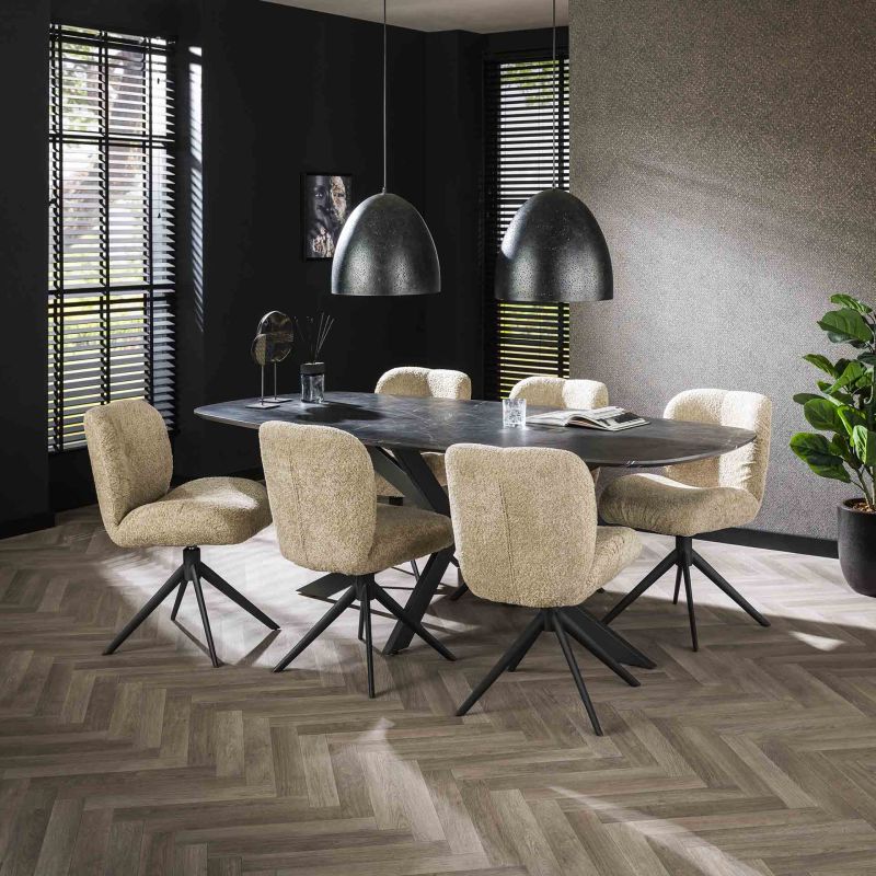 Table ovale 215 cm HERMAN en décor céramique avec pied central en métal