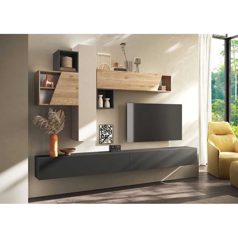 Ensemble meuble TV FOREVER 2 - compo 141 - décor chêne cadiz, lava et cachemire