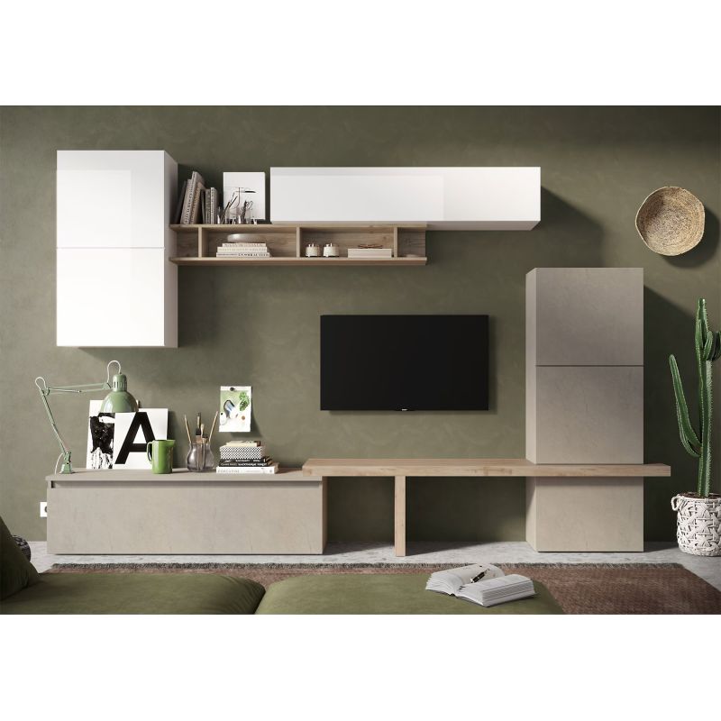Ensemble meuble TV FOREVER 2 - compo 19 - décor argile, blanc et chêne cadiz
