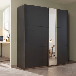 Armoire SCOTT 175 cm en bgris métallique avec 2 portes coulissantes et miroir partiel