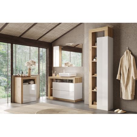 Colonne 1 porte BURGA hauteur 189 cm pour salle de bain en blanc brillant et décor chene cadiz