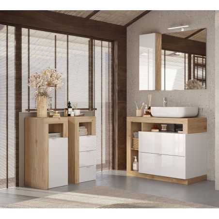 Commode 1 porte BURGA pour salle de bain en blanc brillant et décor chene cadiz