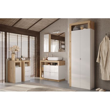 Commode 3 tiroirs BURGA pour salle de bain en blanc brillant et décor chene cadiz