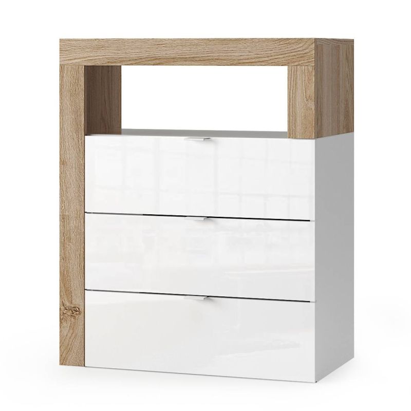 Commode 3 tiroirs BURGA 64 cm pour salle de bain en blanc brillant et décor chene cadiz