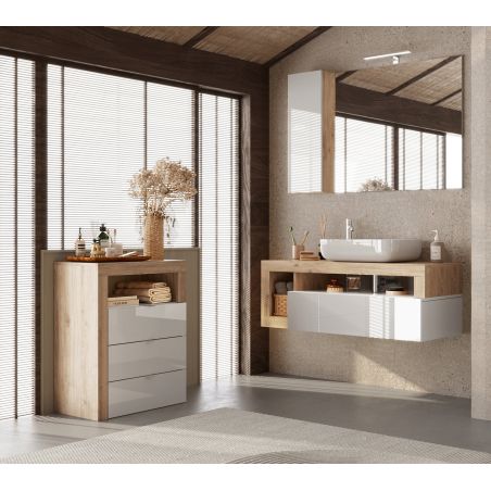 Commode 3 tiroirs BURGA 64 cm pour salle de bain en blanc brillant et décor chene cadiz