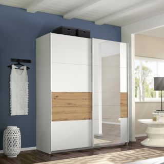 Armoire Boston 181 cm en décor blanc neige et chêne Artisan avec 2 portes coulissantes