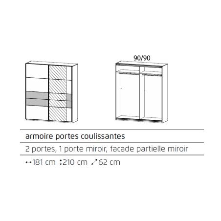 Armoire Boston 181 cm en décor blanc neige et chêne Artisan avec 2 portes coulissantes