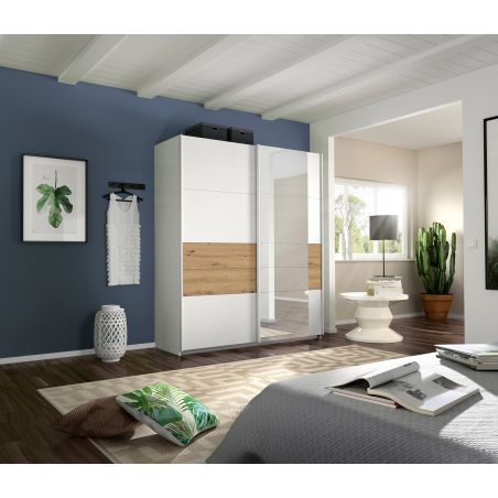 Armoire Boston 181 cm en décor blanc neige et chêne Artisan avec 2 portes coulissantes