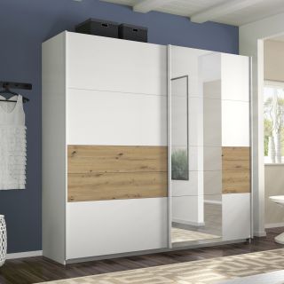 Armoire Boston 226 cm en décor blanc neige et chêne Artisan avec 2 portes coulissantes