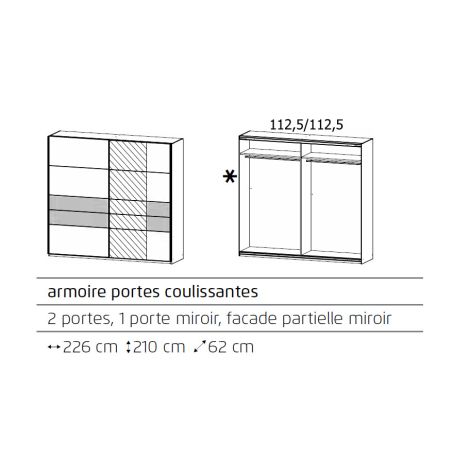 Armoire Boston 226 cm en décor blanc neige et chêne Artisan avec 2 portes coulissantes