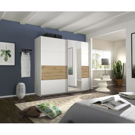 Armoire Boston 226 cm en décor blanc neige et chêne Artisan avec 2 portes coulissantes