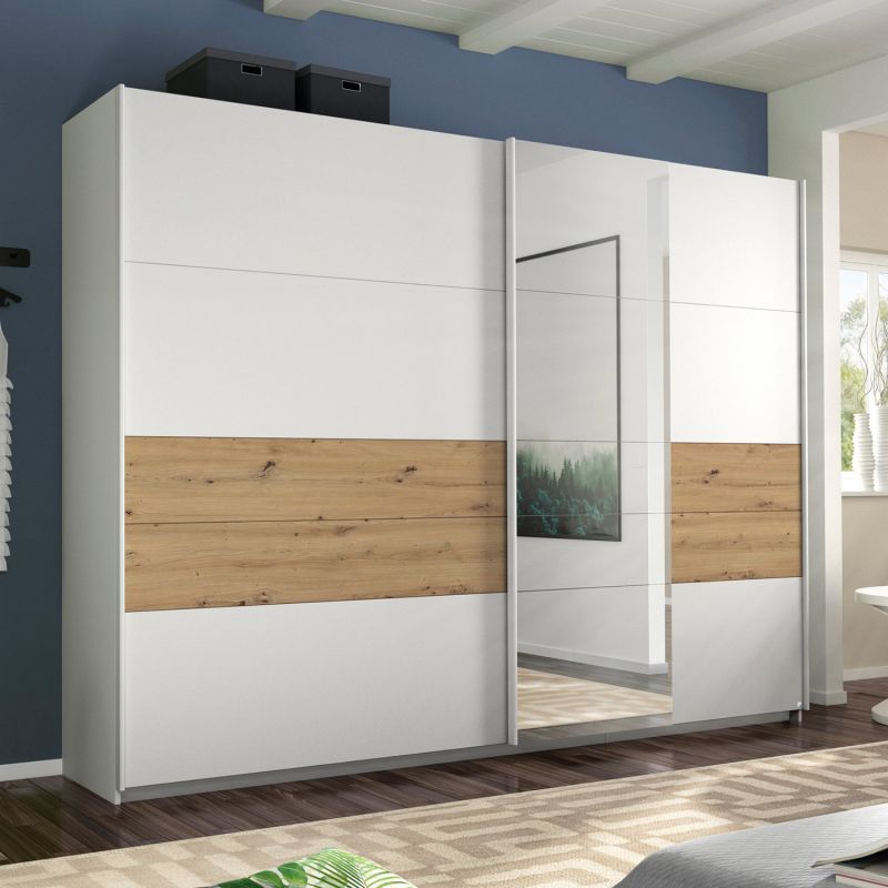 Armoire Boston 271 cm en décor blanc neige et chêne Artisan avec 2 portes coulissantes