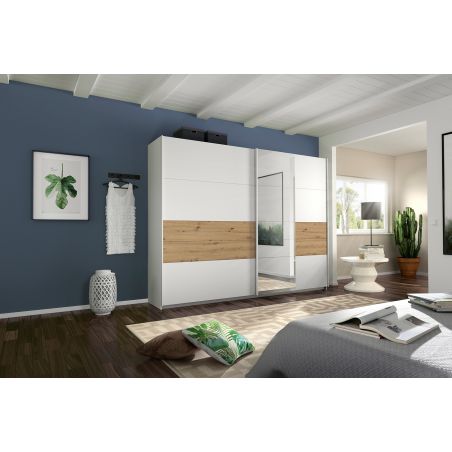Armoire Boston 271 cm en décor blanc neige et chêne Artisan avec 2 portes coulissantes