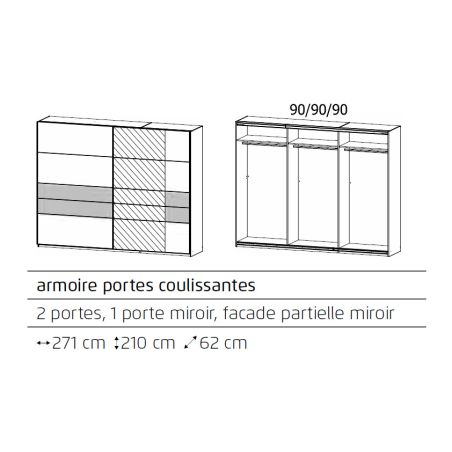 Armoire Boston 271 cm en décor blanc neige et chêne Artisan avec 2 portes coulissantes