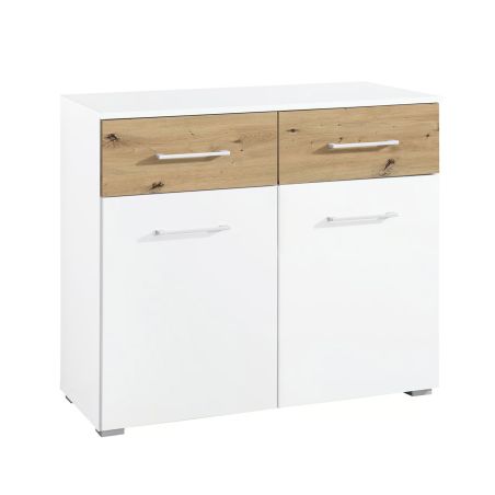 Commode 80 cm Boston en décor blanc neige et chêne Artisan avec 2 portes et 2 tiroirs