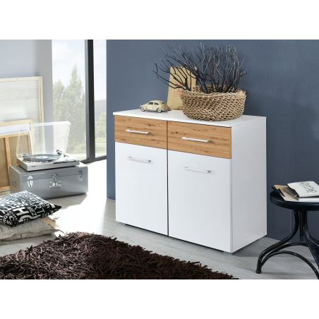 Commode 80 cm Boston en décor blanc neige et chêne Artisan avec 2 portes et 2 tiroirs