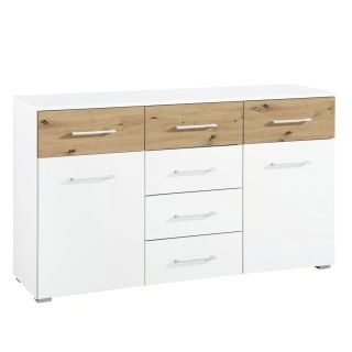 Commode 120 cm Boston en décor blanc neige et chêne Artisan avec 2 portes et 6 tiroirs