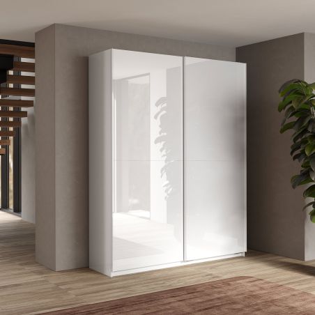 Armoire 180 cm KLAUS en blanc brillant avec 2 portes coulissantes 