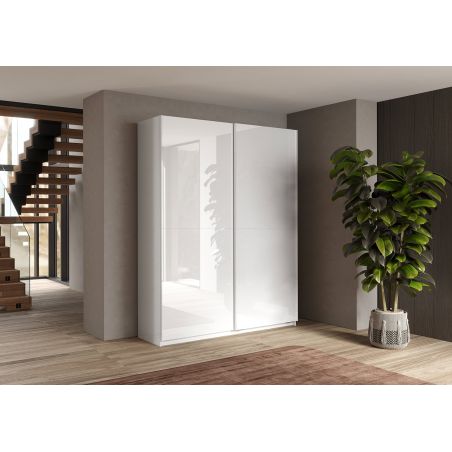 Armoire 180 cm KLAUS en blanc brillant avec 2 portes coulissantes 