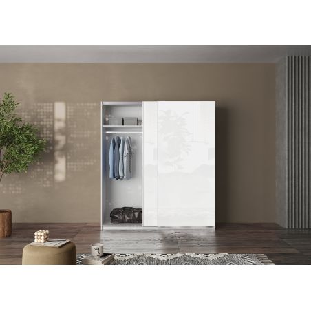 Armoire 180 cm KLAUS en blanc brillant avec 2 portes coulissantes 
