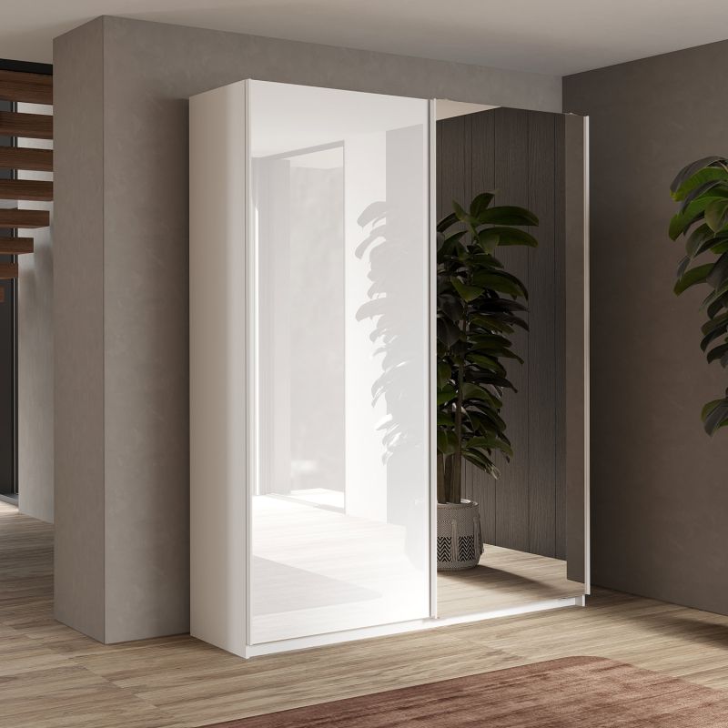 Armoire 180 cm KLAUS en blanc brillant avec 2 portes coulissantes dont 1 porte miroir 