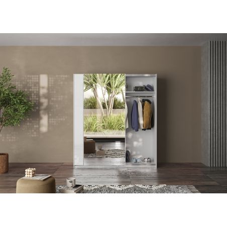 Armoire 180 cm KLAUS en blanc brillant avec 2 portes coulissantes dont 1 porte miroir 