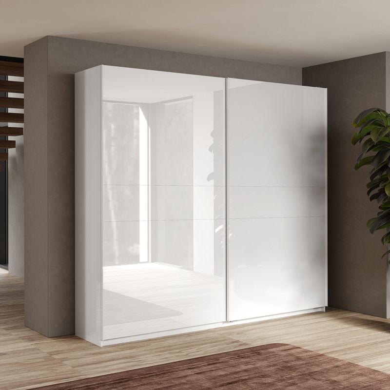 Armoire 257 cm KLAUS en blanc brillant avec 2 portes coulissantes