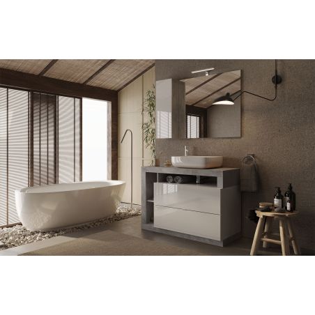 Miroir 110 cm BURGA BETON avec colonne en blanc brillant et décor béton