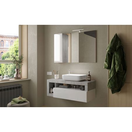 Miroir 110 cm BURGA BETON avec colonne en blanc brillant et décor béton