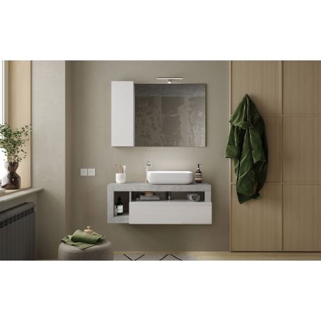 Miroir 110 cm BURGA BETON avec colonne en blanc brillant et décor béton