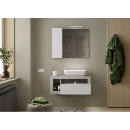 Miroir 92 cm BURGA BETON avec colonne en blanc brillant et décor béton