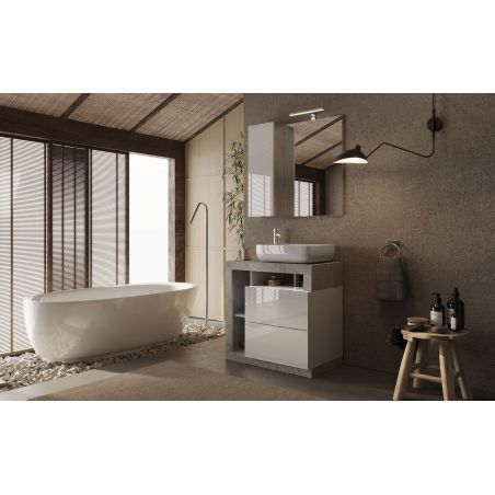 Miroir 78 cm BURGA BETON avec colonne en blanc brillant et décor béton