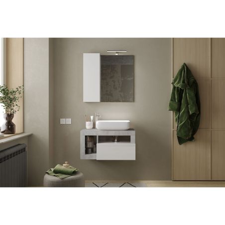 Miroir 78 cm BURGA BETON avec colonne en blanc brillant et décor béton