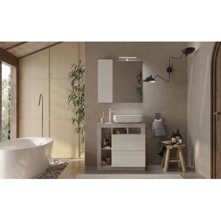 Miroir 78 cm BURGA BETON avec colonne en blanc brillant et décor béton