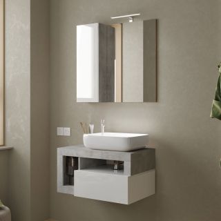 Meuble suspendu avec vasque BURGA BETON 78 cm en blanc brillant et décor béton