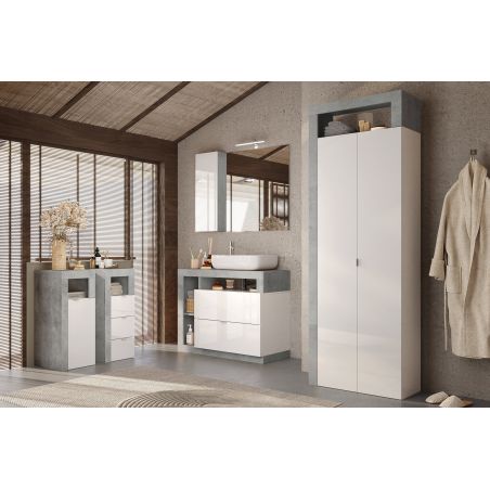 Colonne 2 portesBURGA BETON hauteur 188 cm pour salle de bain en blanc brillant et décor béton