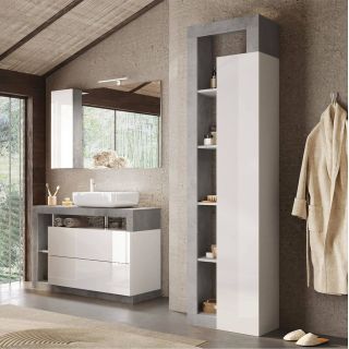 Colonne 1 porte BURGA BETON hauteur 189 cm pour salle de bain en blanc brillant et décor béton