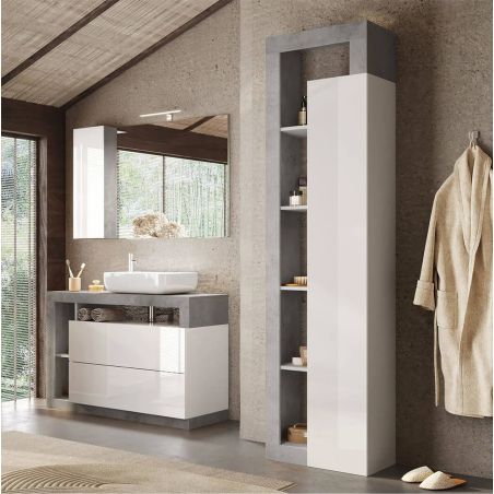 Colonne 1 porte BURGA BETON hauteur 189 cm pour salle de bain en blanc brillant et décor béton