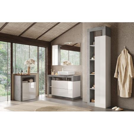 Colonne 1 porte BURGA BETON hauteur 189 cm pour salle de bain en blanc brillant et décor béton