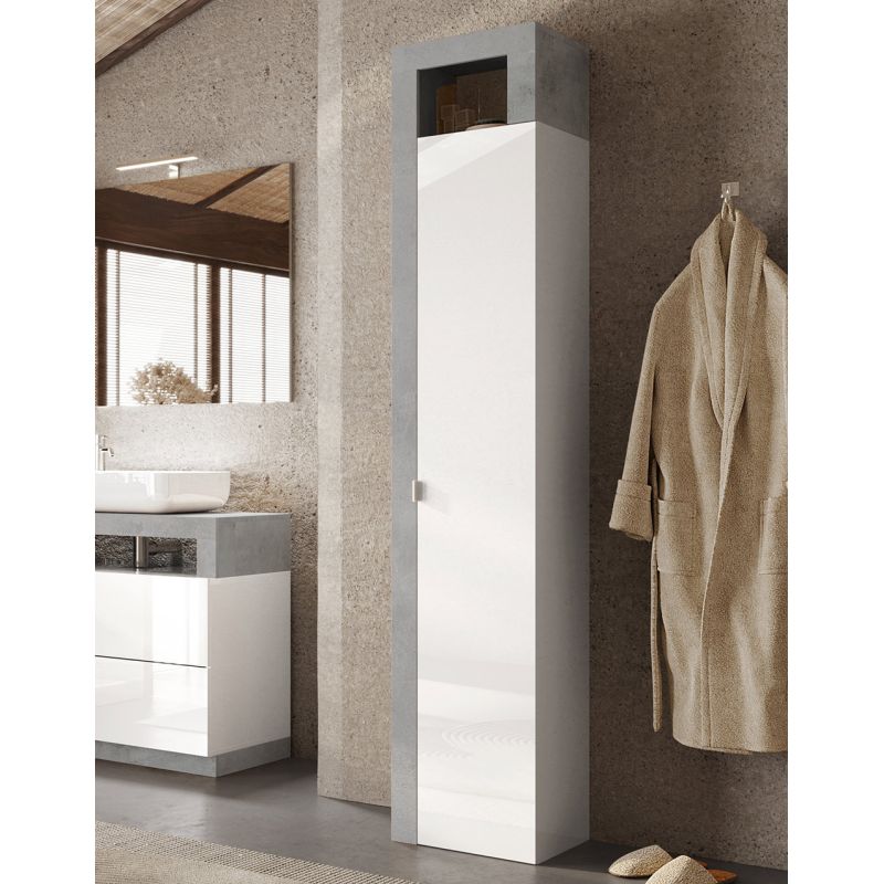Colonne 1 porte BURGA BETON hauteur 188 cm pour salle de bain en blanc brillant et décor béton