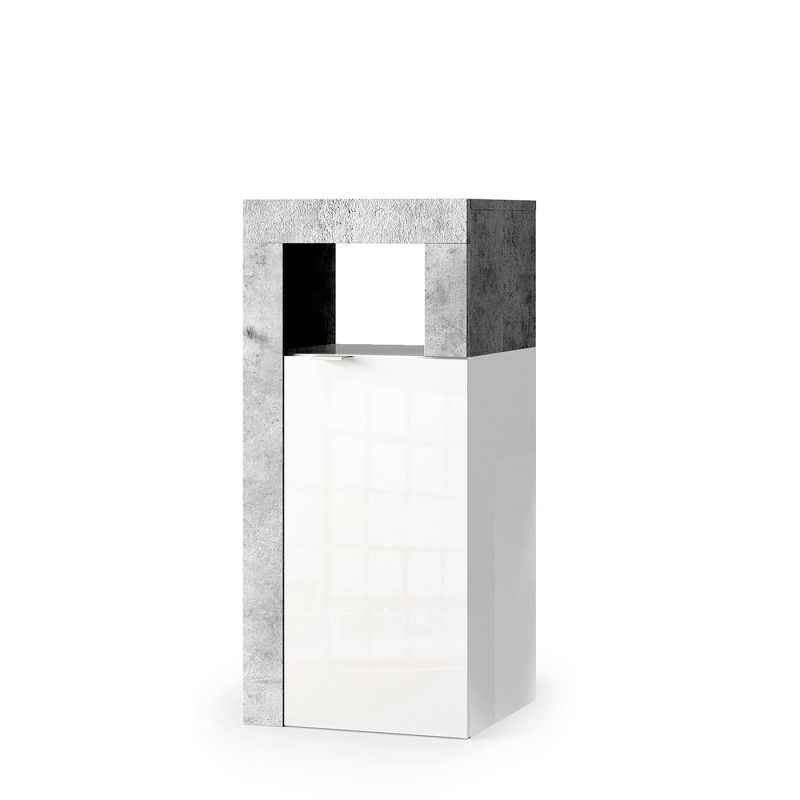 Commode 1 porte BURGA pour salle de bain en blanc brillant et décor béton