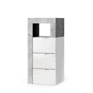 Commode 3 tiroirs BURGA BETON pour salle de bain en blanc brillant et décor béton