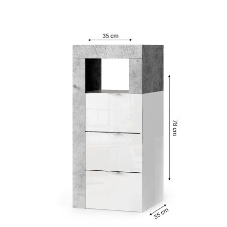 Commode 3 tiroirs BURGA BETON pour salle de bain en blanc brillant et décor béton