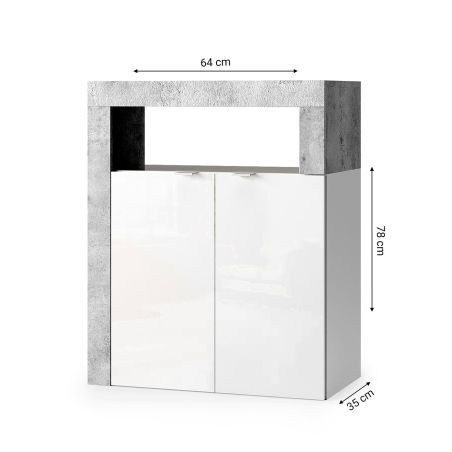 Commode 2 portes BURGA BETON pour salle de bain en blanc brillant et décor béton
