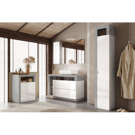 Commode 2 portes BURGA BETON pour salle de bain en blanc brillant et décor béton