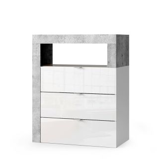 Commode 3 tiroirs BURGA BETON 64 cm pour salle de bain en blanc brillant et décor béton